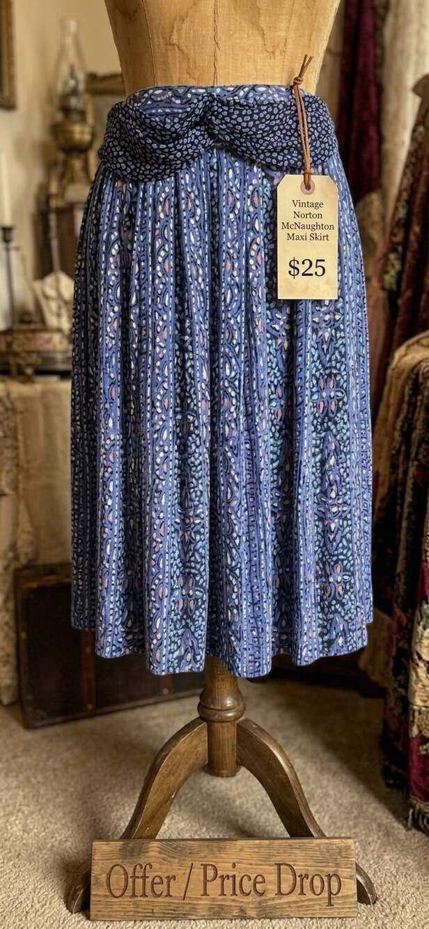 Vtg Norton McNaughton Maxi Skirt Blue Multi Floral Bohemian Print Smocked Waist